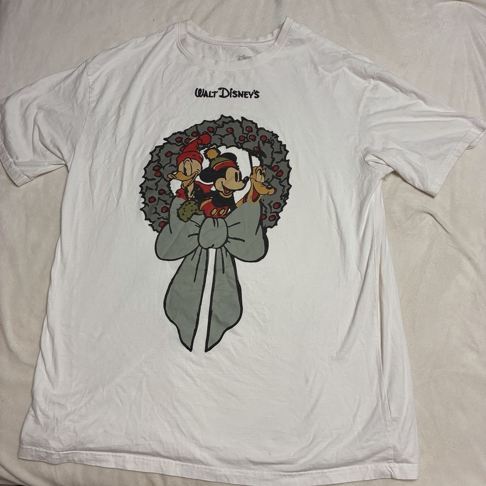 Disney Vintage Style Christmas Mickey Graphic T-Shirt Large White Crewneck
